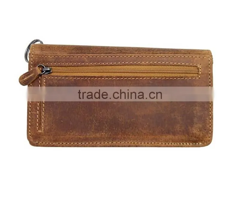 Brown vintage genuine leather chain wallet men's biker wallet with button closure
