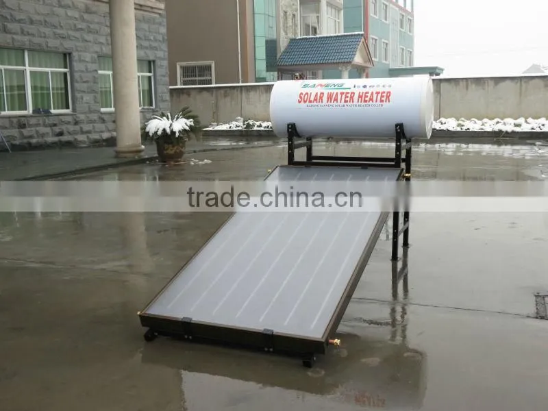 Pressurized flat panel solar hot water heater with blue chorme collector