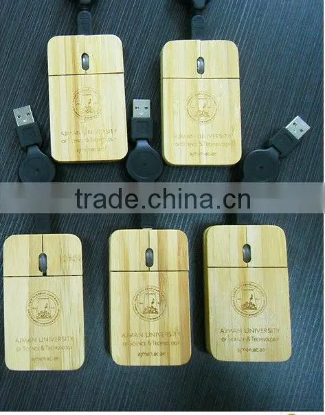usb wired flat bamboo mouse with retractable cable