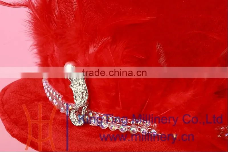 Ladies Red Fancy Church Hat Elegant Feather Hat Winter Velvet Hat Party Hat