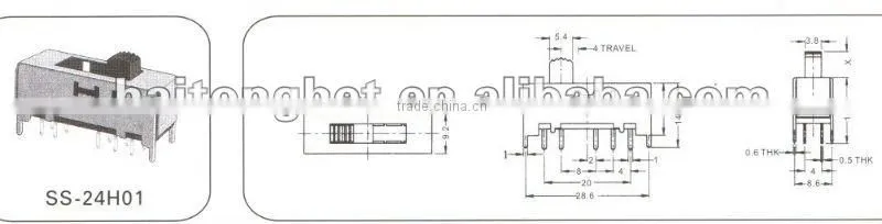 Upright slide switch SS24H01 pin feet and SS24H04 hole feet