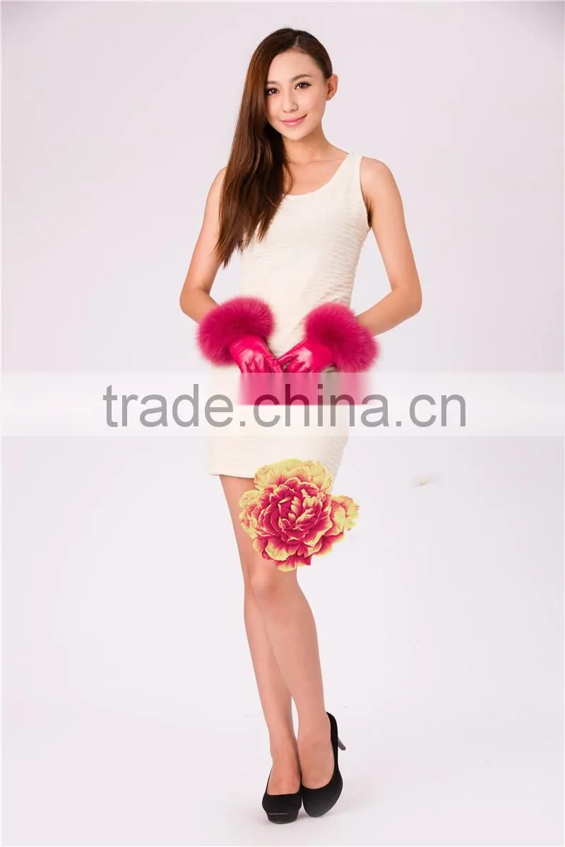 Awesome Design Custom Made Suede Leather Gloves With Best Fox Hair Fur Cuffs