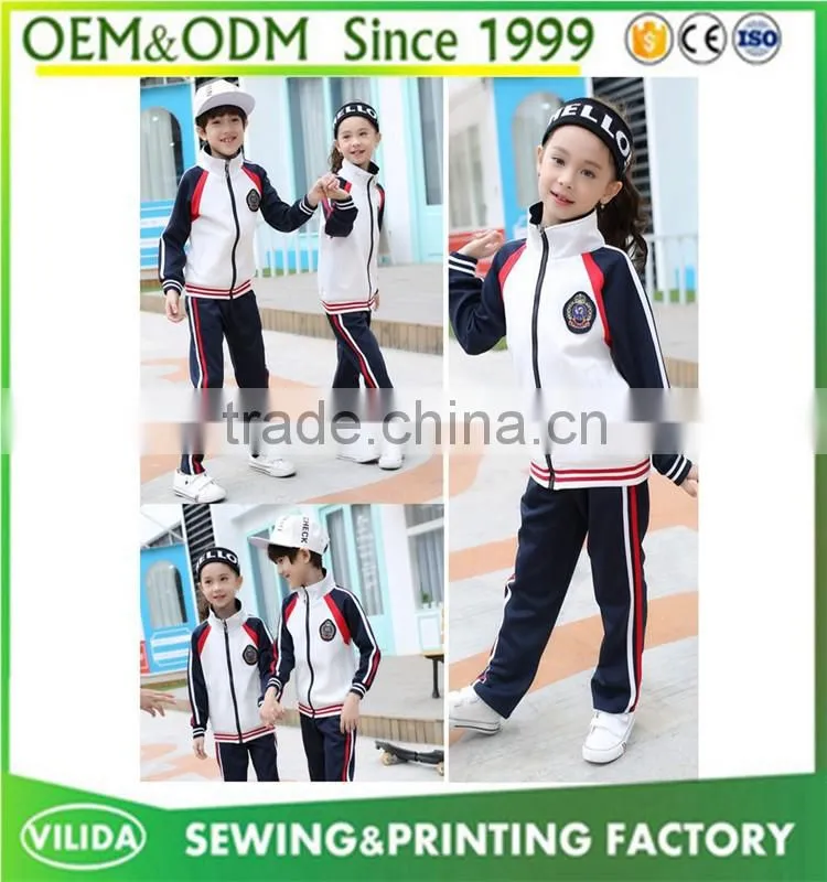 England style fashion winter primary school uniform high quality zipper red coat and bule trouser