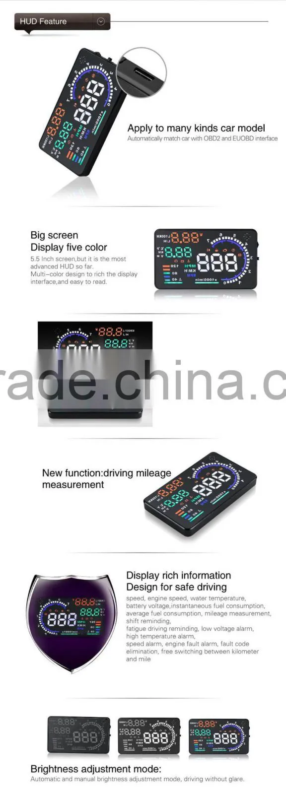 Wholesale 5" GPS Car HUD Head Up Display OBD 2 Speed Warning System, hud display XY-HUD208