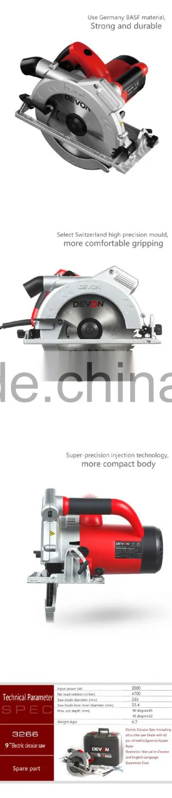 High Quality 235mm 2000w Aluminum Circular Saw Base Plate Electric Circular Saw 3266