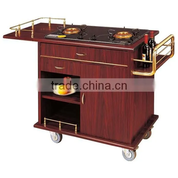 Restaurant mobile cooking trolley with stainless steel platform