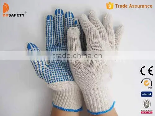 4Thread Nature String Knit Cotton Polyester Gloves With Blue PVC Dots One Side