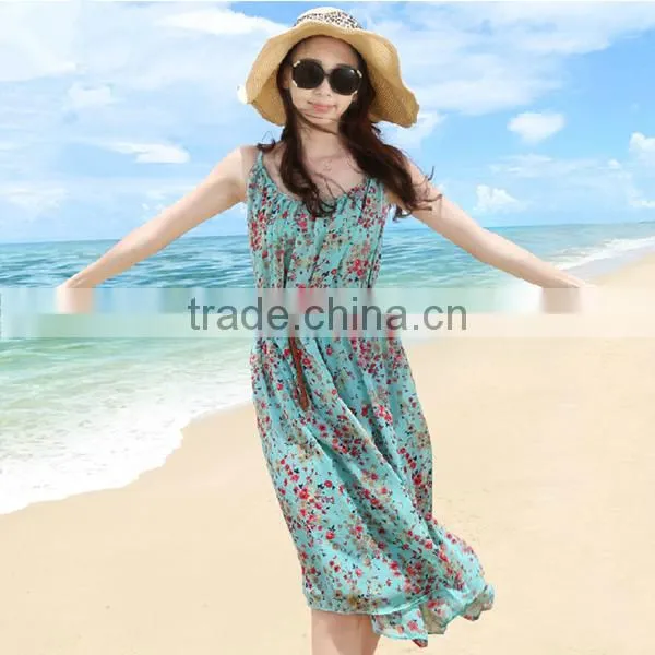 ladies sleeveless floral print bohemia summer chiffon elegant casual beach dress