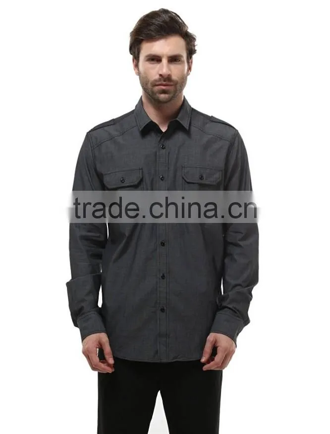 Mens Grey Twill Chambray Long Sleeve Button Casual Dress Shirts Classic Fit