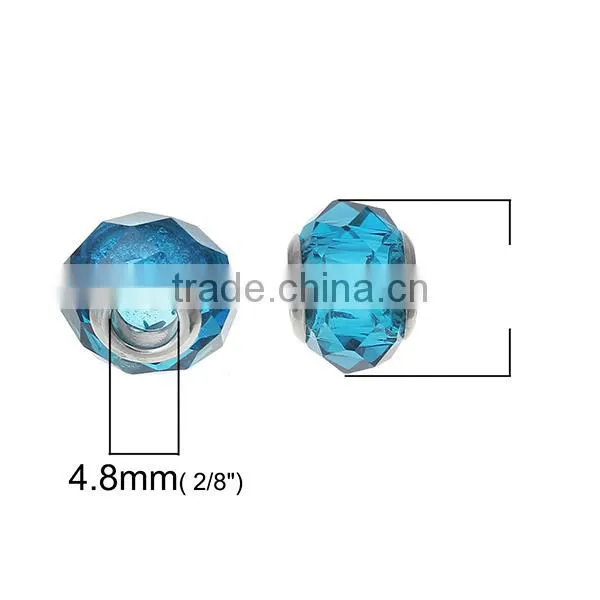 Lampwork Glass European Style Large Hole Beads Round Faceted Peacock Blue Transparent With 304 Stainless Steel Silver Tone Core
