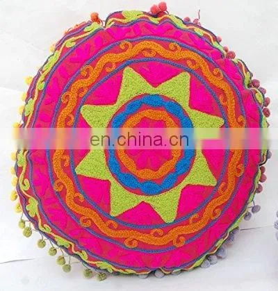 Suzani Pillows Embroidered Round Cushion Cover 16x16, Decorative Throw Pillow Case