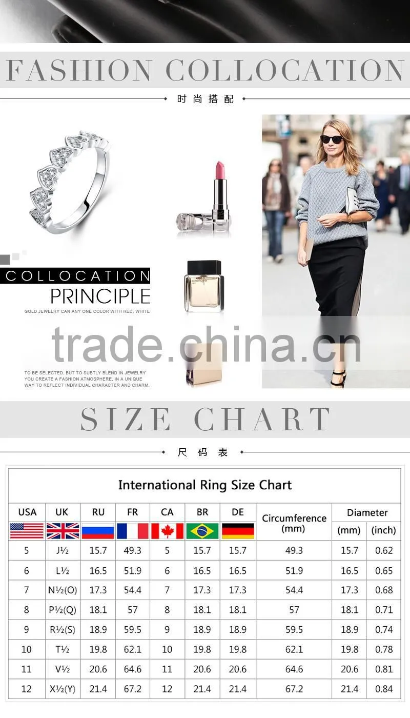 2015 new arrival gold plated fashion diamond heart shaped ring designs for girls