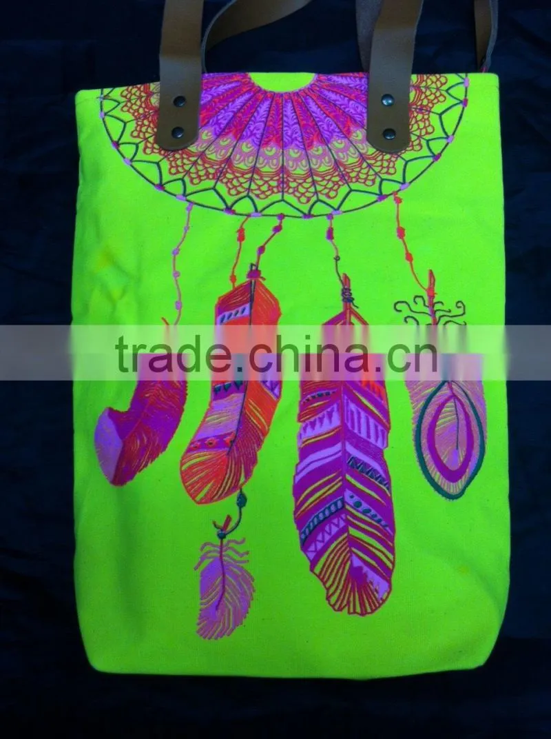 Hmong Indian tote neon green canvas bag feather pattern