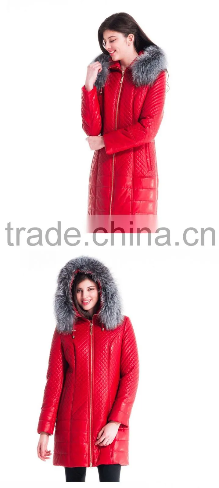 Used Long Winter Women Medium Length Leather Jacket With Brown Fox Hat Overcoat