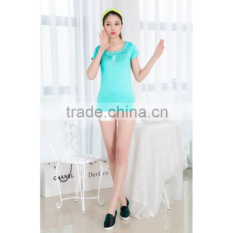 2015 Girls Seamless Fashion Short Sleeves with lace on front neck
