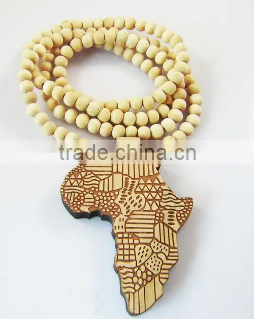 Hip Hop Wood Africa Map Pendant with 36 Inches Wood Beaded Chain