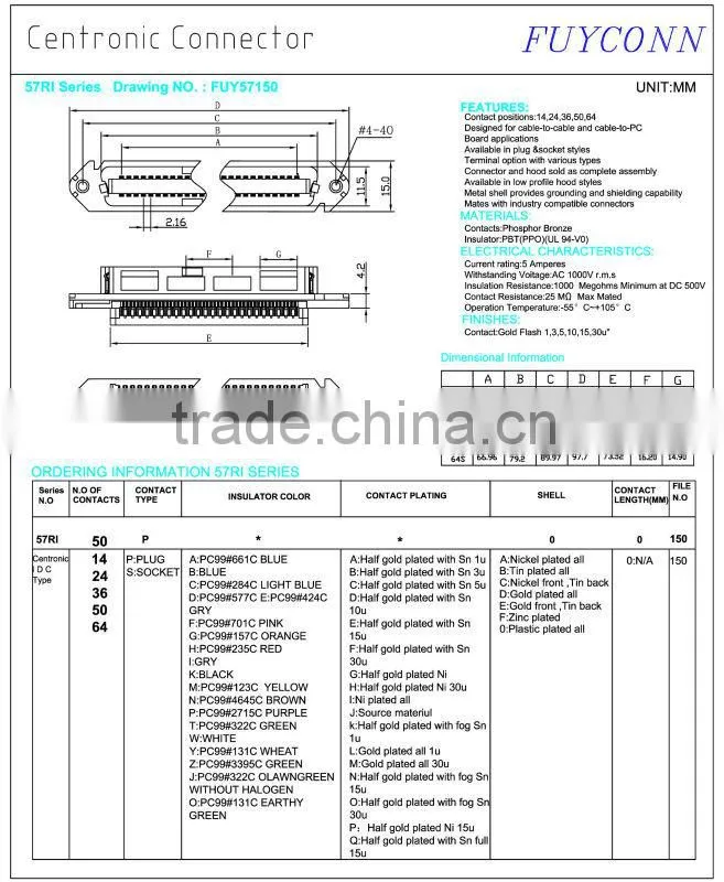 Centronic Champ 2.16mm Pitch Ribbon Female IDC 50 Pin Connector with Spring Sheet