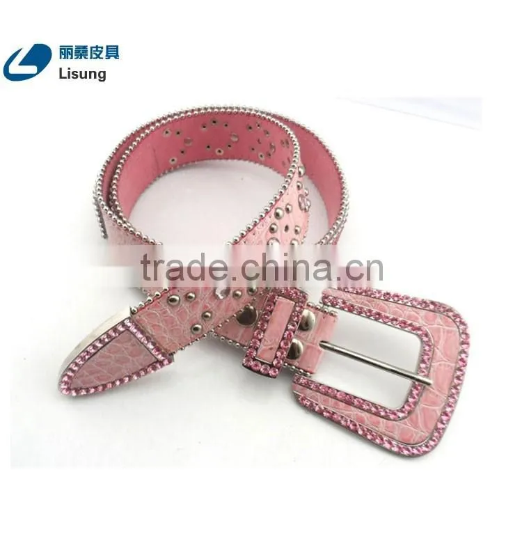 Western Cowgirl Pink Crocodile Leather Rhinestone Diamond Studded Chain Belt