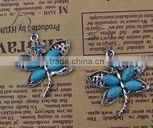 Bohemian Vintage Silver Plated Crystal Butterfly Pendant Turquoise Earrings