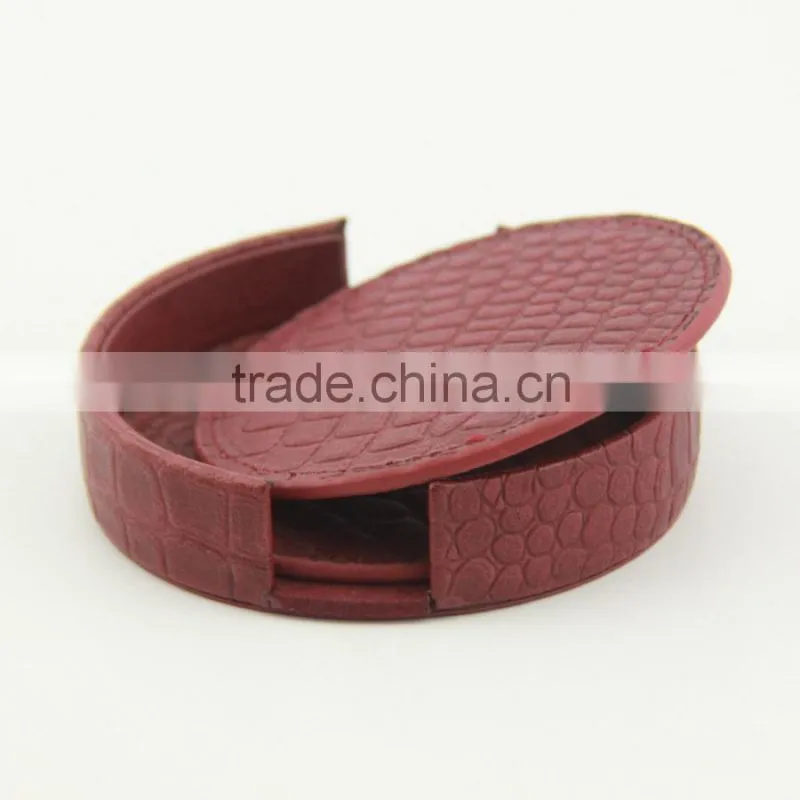 Red crocodile PU leather round cup coasters