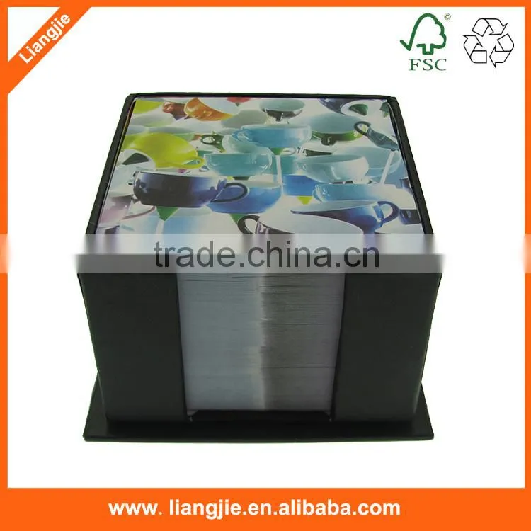 Office/school memo block, paper block with printed logo in box/holder
