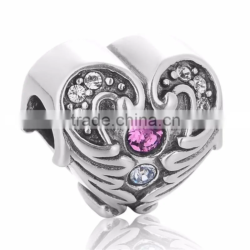 X284 Wholesale Micro Crystal Paved Charm,925 Sterling Silver Heart Charms With Angel Wing