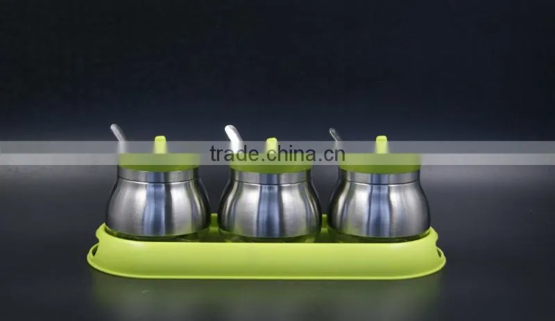 glass spice jar set pepper salt bottle with stainless steel coat green