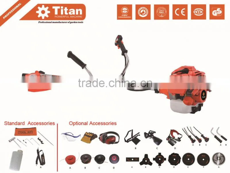 Gasoline powered brush cutter 52cc, 3 teeth blade & nylon head, CE, GS,MD cartificate