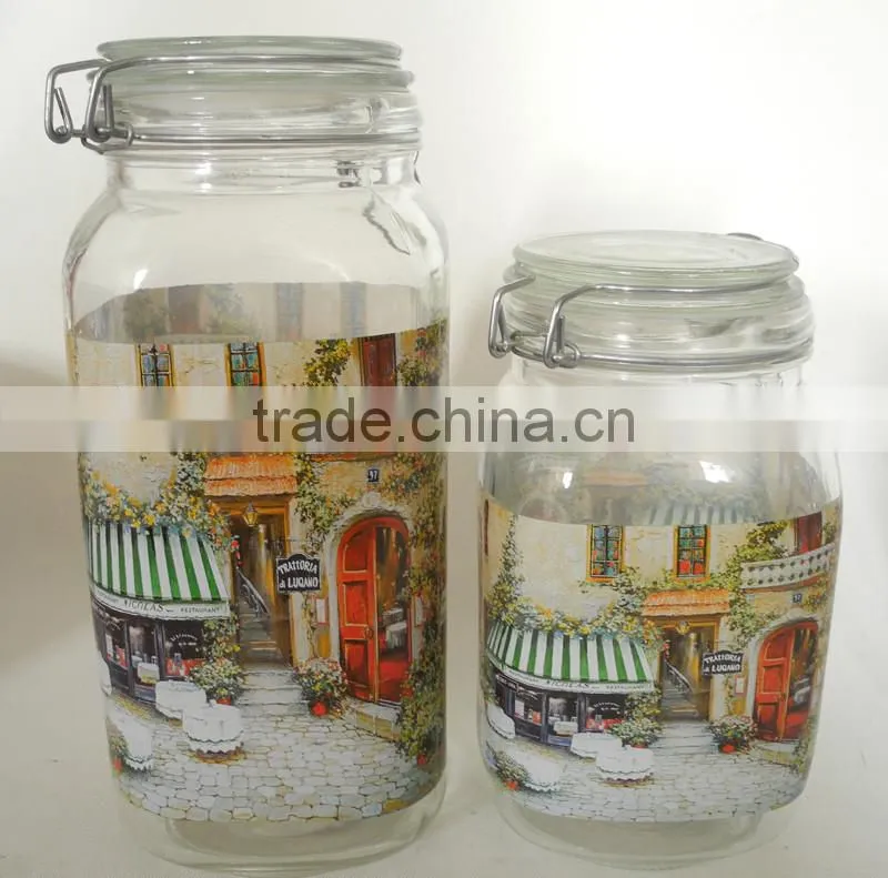 sealed decal glass food jar with metal clamp lid