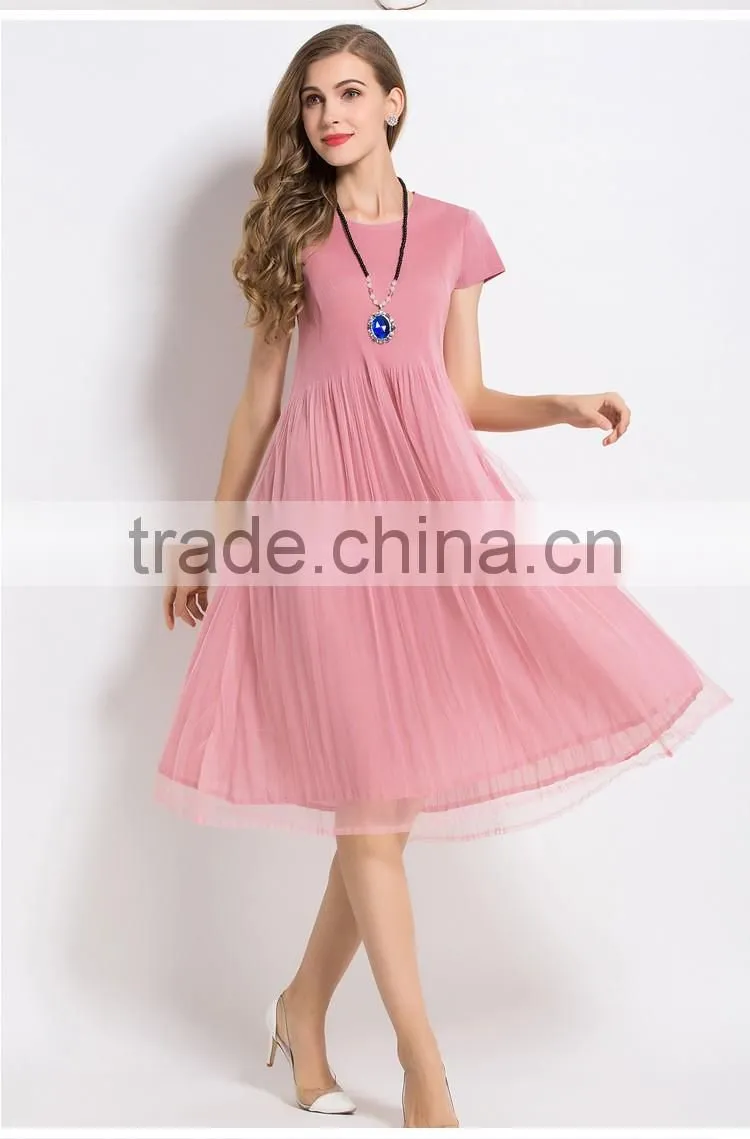 Plain solid color woman knee length folding dress with mesh