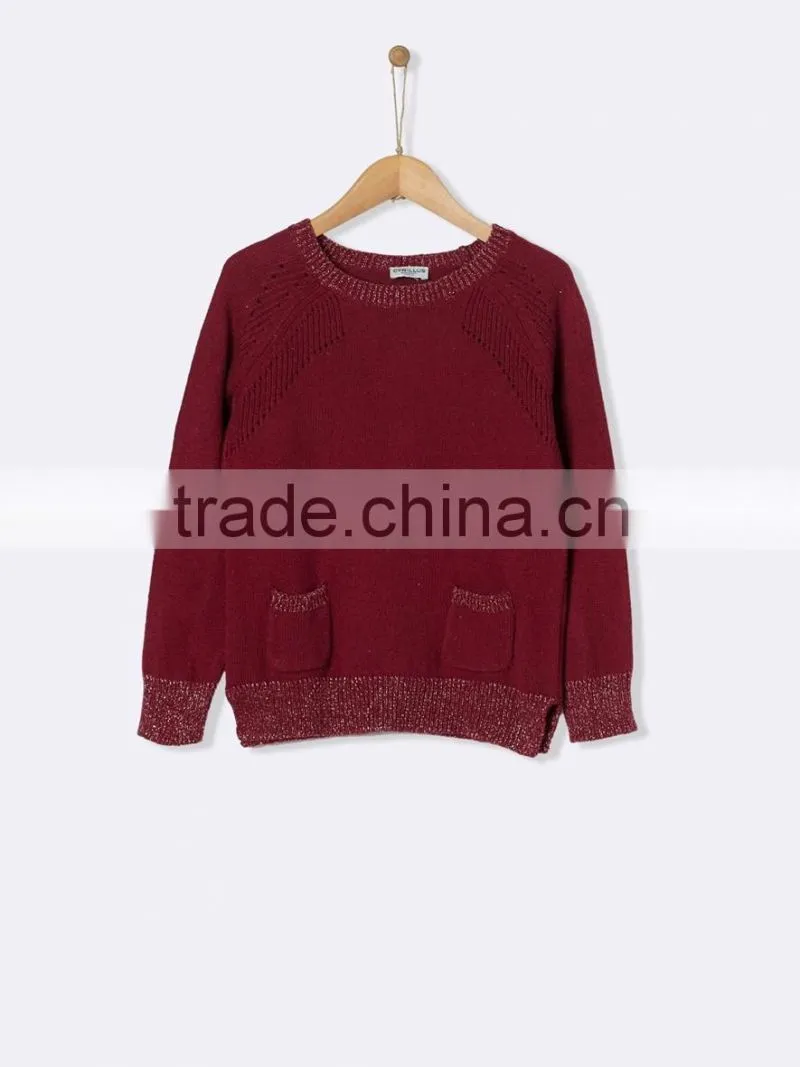 High Quality Patch pocket Mock button Girl's patterned knit sweater (BKNB33)
