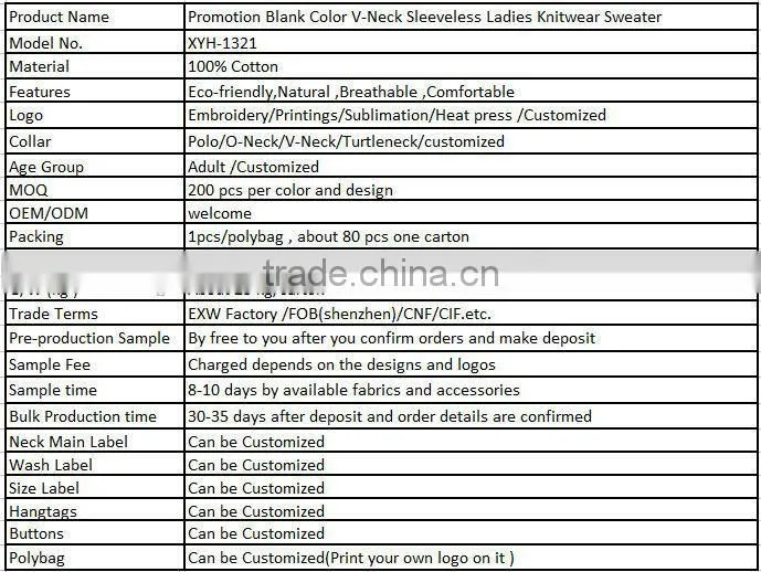 Promotion Blank Color V-Neck Sleeveless Ladies Knitwear Sweater