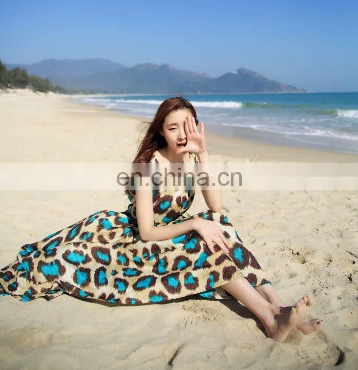 blue leopard sleeveless u neck long dress cotton skirt
