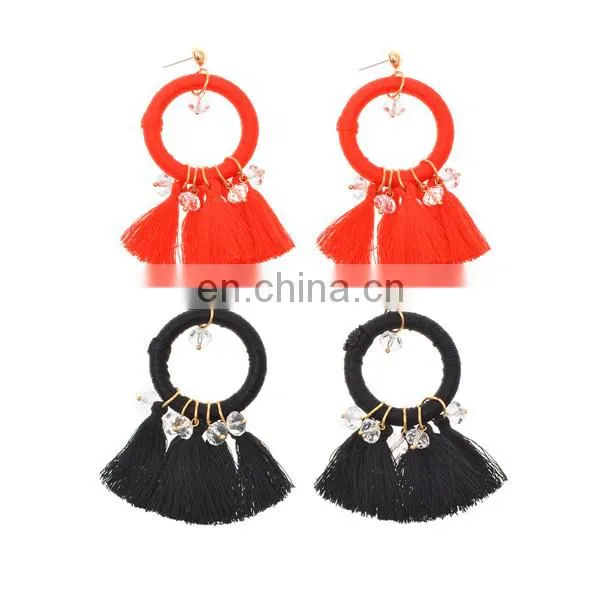 Fashion Women Vintage Geometric Fan - shaped Cotton Tassel Dangle Ear Stud Earrings