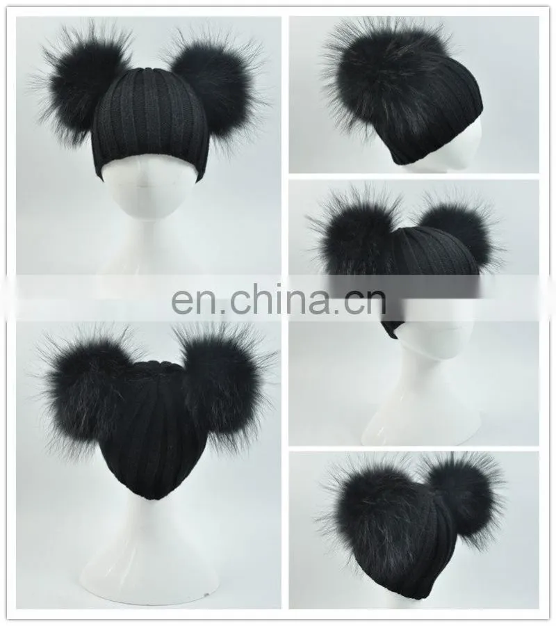 Wholesale Fashion Cheap kids Knitted Hats Real Fur Two Poms Kids Hat Winter