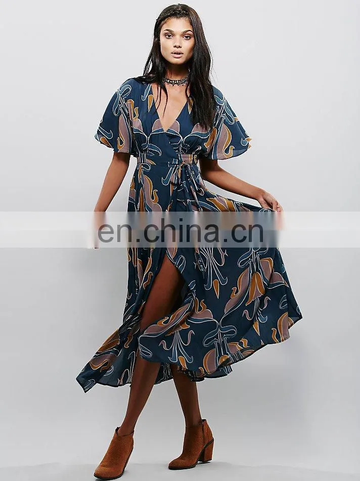 High quality deep v neck maxi wrap dress lady, long print wrap dress