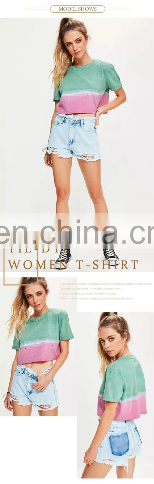 summer short sleeve distressed tie-dye cropped women t shirt