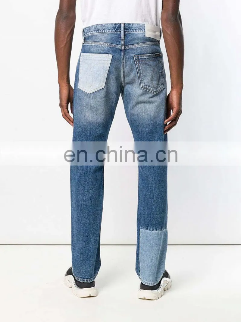 DiZNEW OEM Blue Cotton Straight Leg Patchwork Jeans For Men