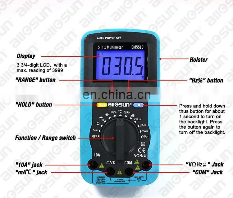 Allosun EM5510 Digital Multimeter 5 in 1 Sound Level Humidity Luminosity Autoranging Multimeter Temperature Tester