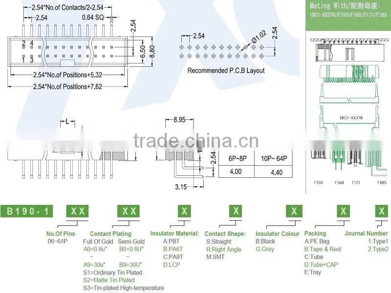 Pitch 2.54mm dual row right angle box header connector