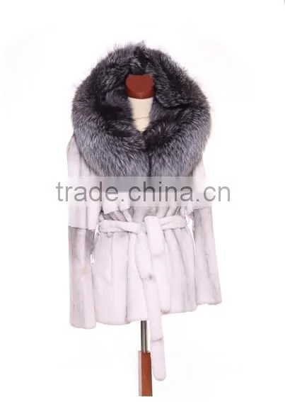 rex14070 white rex rabbit fur jacket with fox fur hood and belt