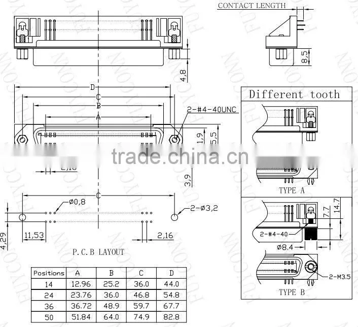 Centronics Champ Female PCB Mouting Right Angle Header Connector 2.16mm pitch