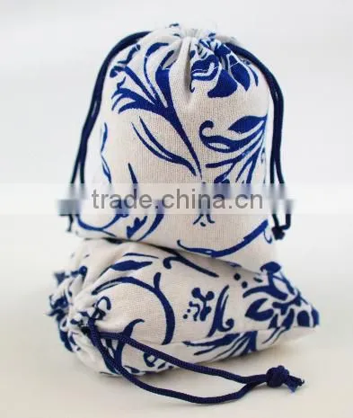 Blue and white porcelain small drawstring jute bag china supplier