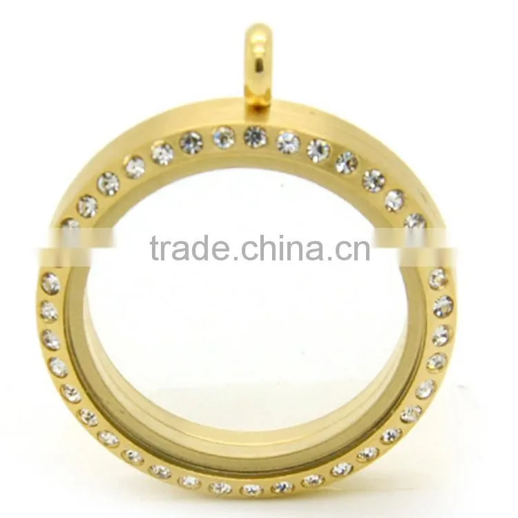 Hot Sale 316L Gold With Rhinestones Floating Lockets 30mm Stainless Steel Magnetic Floating Lockets