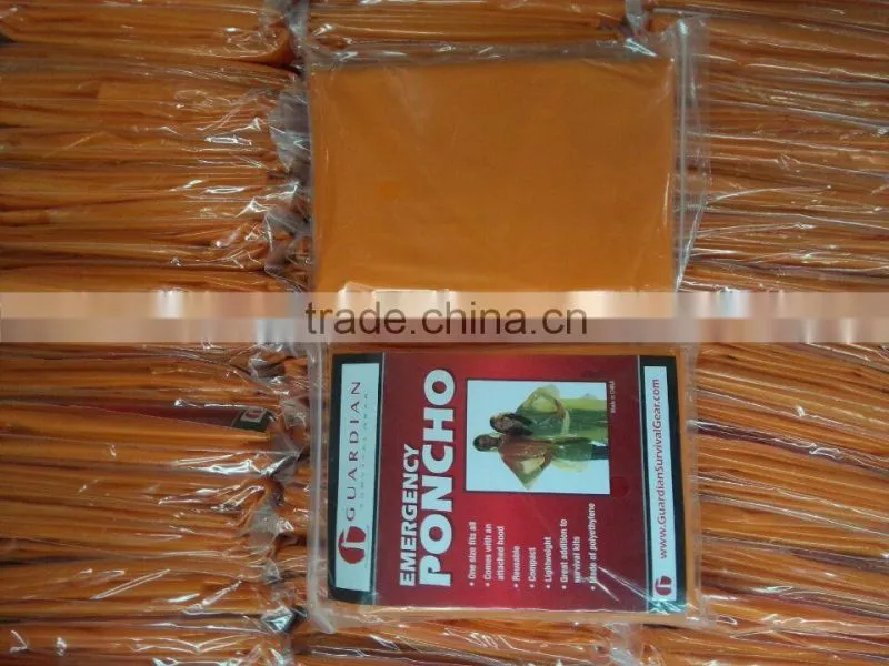 PE rainponcho orange color within paper card in the packing zipper bag
