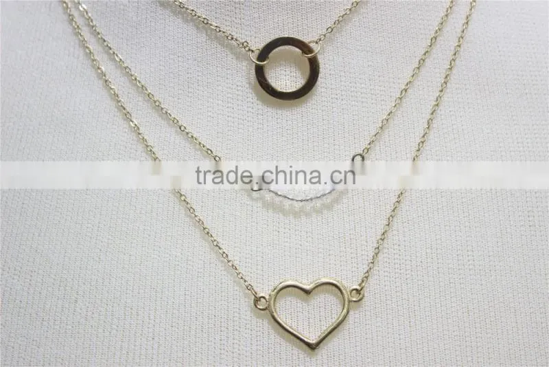 Gold Chain Layered Set Necklace w/Clear Crystal & Circle Heart Metal Necklace 2016 Fashion Style Wholesale