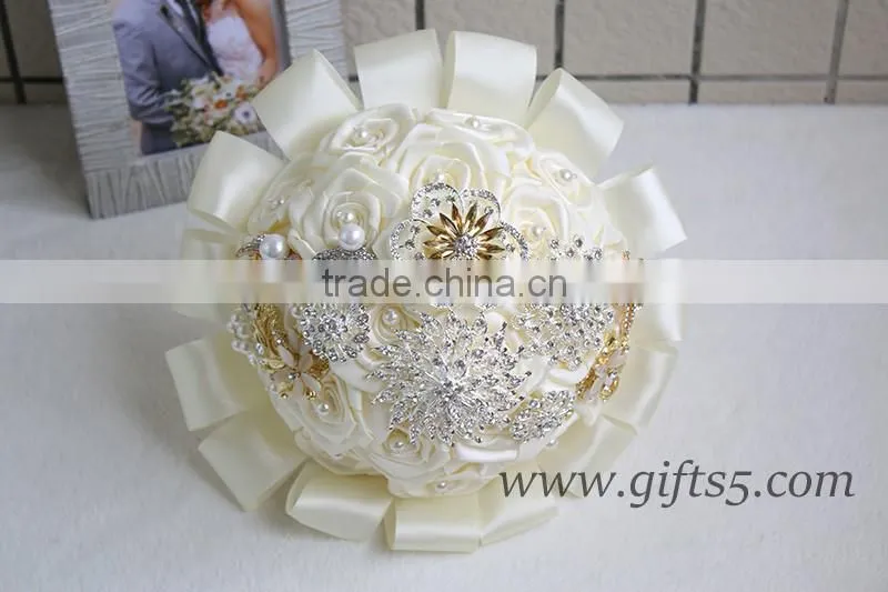 Luxurious White Silk Flowers Wedding Bouquets with beads, rhinestones, brooches