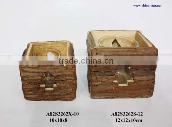 natural wood candle stand with bark