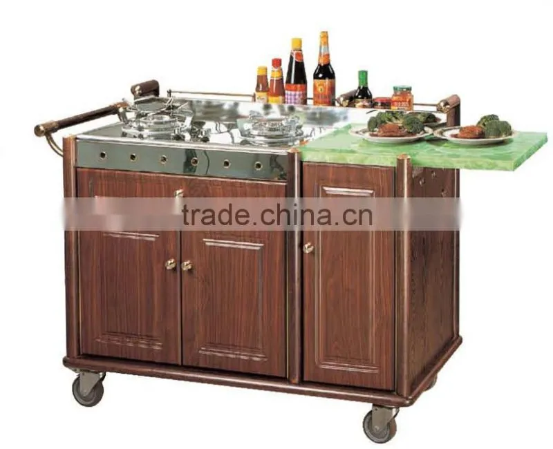 Restaurant mobile cooking trolley with stainless steel platform