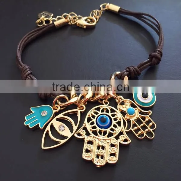 gold hamsa hand fatima hand evil eye charms bracelet wax cord bracelet
